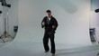 Karate master shows exercise with nunchaku