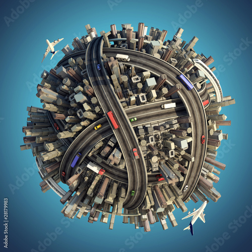 Ilustración: Miniature chaotic urban planet isolated Miniature chaotic urban planet isolated