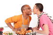 Mixed ethnicity gay couple kitchen Mixed ethnicity gay couple kitchen