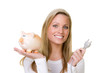 Foto: junge frau mit sparschwein und stecker junge frau mit sparschwein und stecker