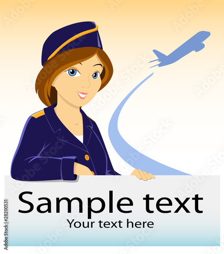 Vector: Vector stewardess with billboard and plane silhouette Vector stewardess with billboard and plane silhouette