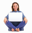 Happy woman sitting with laptop