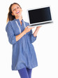 Playful woman presenting with a laptop
