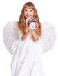 Girl in angel costume holding clock.