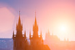 Czech Republic, Prague, silhouette of high section of Tyn church