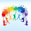 Colorful bright ink splashes and kids jumping on blue background
