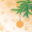 Christmas ball in form of orange hanging on spruce branches Christmas ball in form of orange hanging on spruce branches