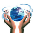 hands with a blue globe