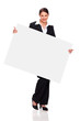 young woman with business outfit, holding board