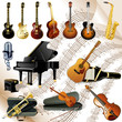 Collection of various music instruments on chords sheet