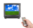 Hand with remote control and tv Hand with remote control and tv