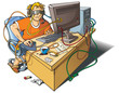Computer addiction, boy immersed in virtual world, vector Computer addiction, boy immersed in virtual world, vector