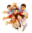 Top view of young friends with hands raised