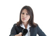Photo: Skeptical Caucasian Woman Holding Microphone White Background Skeptical Caucasian Woman Holding Microphone White Background