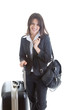 Photo: Smiling Caucasian Woman with Suitcase Backpack Traveler Isolated Smiling Caucasian Woman with Suitcase Backpack Traveler Isolated