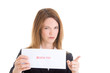 Angry Caucasian Woman Screw You Sign Pointing Camera White