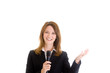 Happy Caucasian Woman Holding Microphone Gesturing Isolated