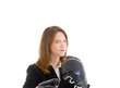 Caucasian Woman Suit and Boxing Gloves Sideways Glance Isolated
