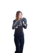 Caucasian Woman Suit Boxing Gloves Isolated White Background