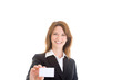Smiling Caucasian Woman Holding Business Card White Background