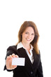 Smiling Caucasian Woman Holding Blank Business Card Isolated