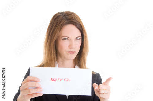 Photo: Angry Caucasian Woman Screw You Sign Pointing Camera White Angry Caucasian Woman Screw You Sign Pointing Camera White