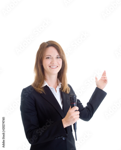 Photo: Smiling Caucasian Woman Holding Wireless Microphone Gesturing Smiling Caucasian Woman Holding Wireless Microphone Gesturing