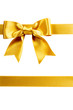 single gift bow, golden satin, with two ribbons on white