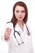 Confident doctor points to, if as she's aiming.
