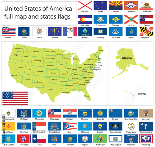 Illustration: United States of America states flags collection with full map. United States of America states flags collection with full map.