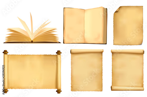 Vector: Set of old paper sheets and book. Vector. Set of old paper sheets and book. Vector.