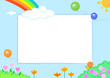 Illustration: Sfondo azzurro con palloncini arcobaleno e fiori Sfondo azzurro con palloncini arcobaleno e fiori