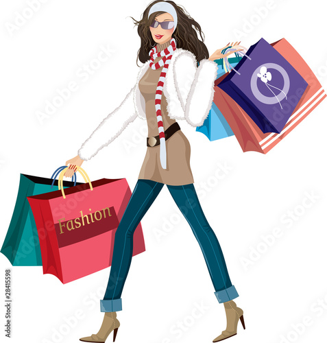 Vector: Beautiful young woman with shopping bags Beautiful young woman with shopping bags