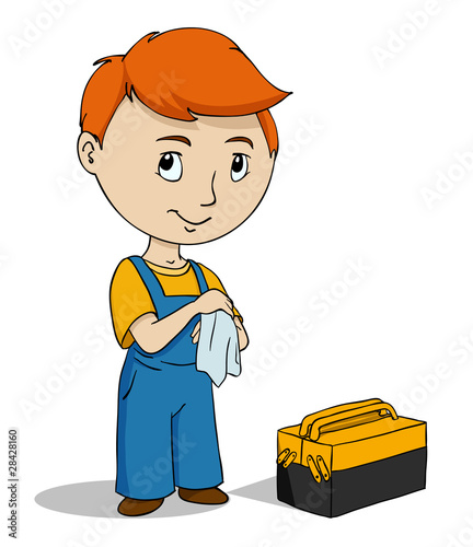Vector: Cartoon repairman with toolbox cleaning hands Cartoon repairman with toolbox cleaning hands