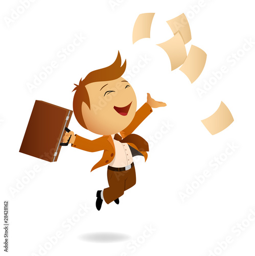 Vector: Happy jumping businessman with case and flying sheets of paper Happy jumping businessman with case and flying sheets of paper