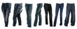Collection of various types of blue jeans trousers