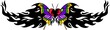 Heart with violet wings in the centre of a black pattern.