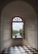Raven sits on a window  in a medieval tower.