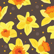 Seamless grey pattern with yellow daffodils and dots