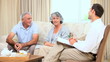 Old couple talking with a commercial