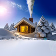 A small wooden house in a fantastic snow forest on the eve of Ne A small wooden house in a fantastic snow forest on the eve of Ne