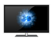 Wide screen modern TV with 3D sign isolated on white.