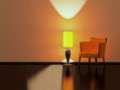 Modern interior design, red sofa yellow floor lamp indoor