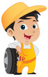 Cute little mechanic boy leaning against a car's tire. Cute little mechanic boy leaning against a car's tire.