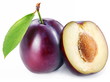 Plum with a slice and leaf on a white background.