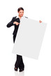 Young business woman point at white board