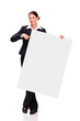 smiling business woman point at white board