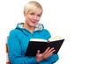 Woman reading book in blue sweater