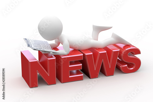 Illustration: Man reading, lying on the News word Man reading, lying on the News word