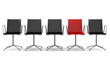 red office chair among black chairs isolated on white background